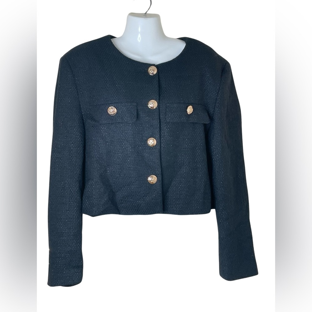 Sz M Cider Tweed Button Crew Neck Jacke Black Women's Jacket with Gold Buttons - Picture 9 of 16